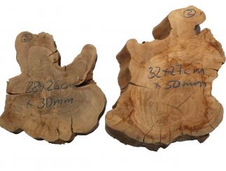2x Oliven runde Baumscheiben Wurzelholz 26-32cm x 30-50mm 