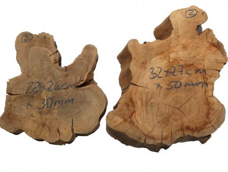 2x Oliven runde Baumscheiben Wurzelholz 26-32cm x 30-50mm 